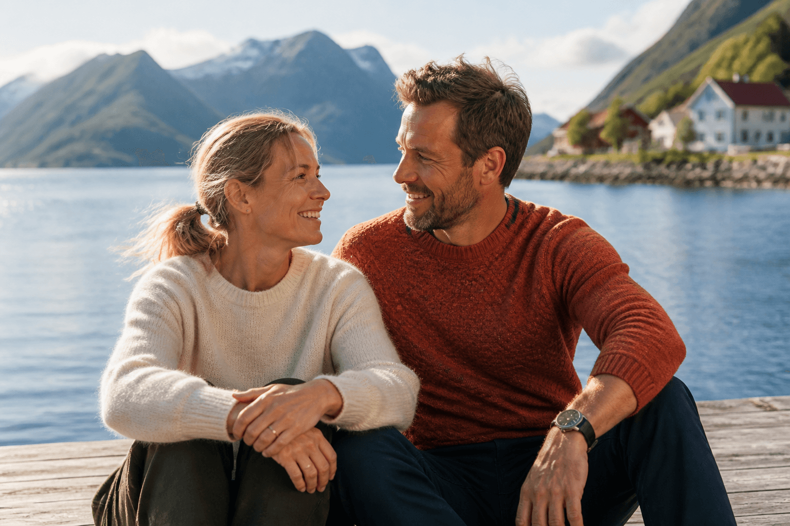 Et par som sitter sammen ved fjorden i kveldssol