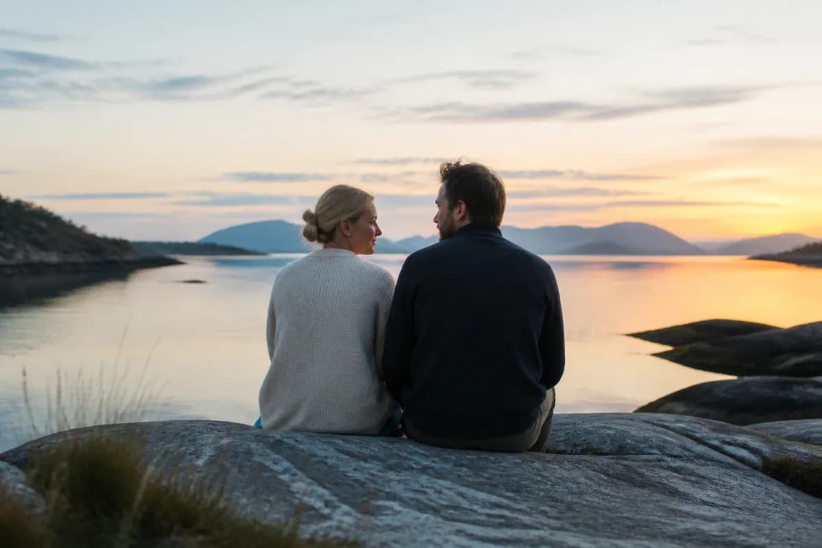 Et par som sitter sammen ved fjorden i kveldssol